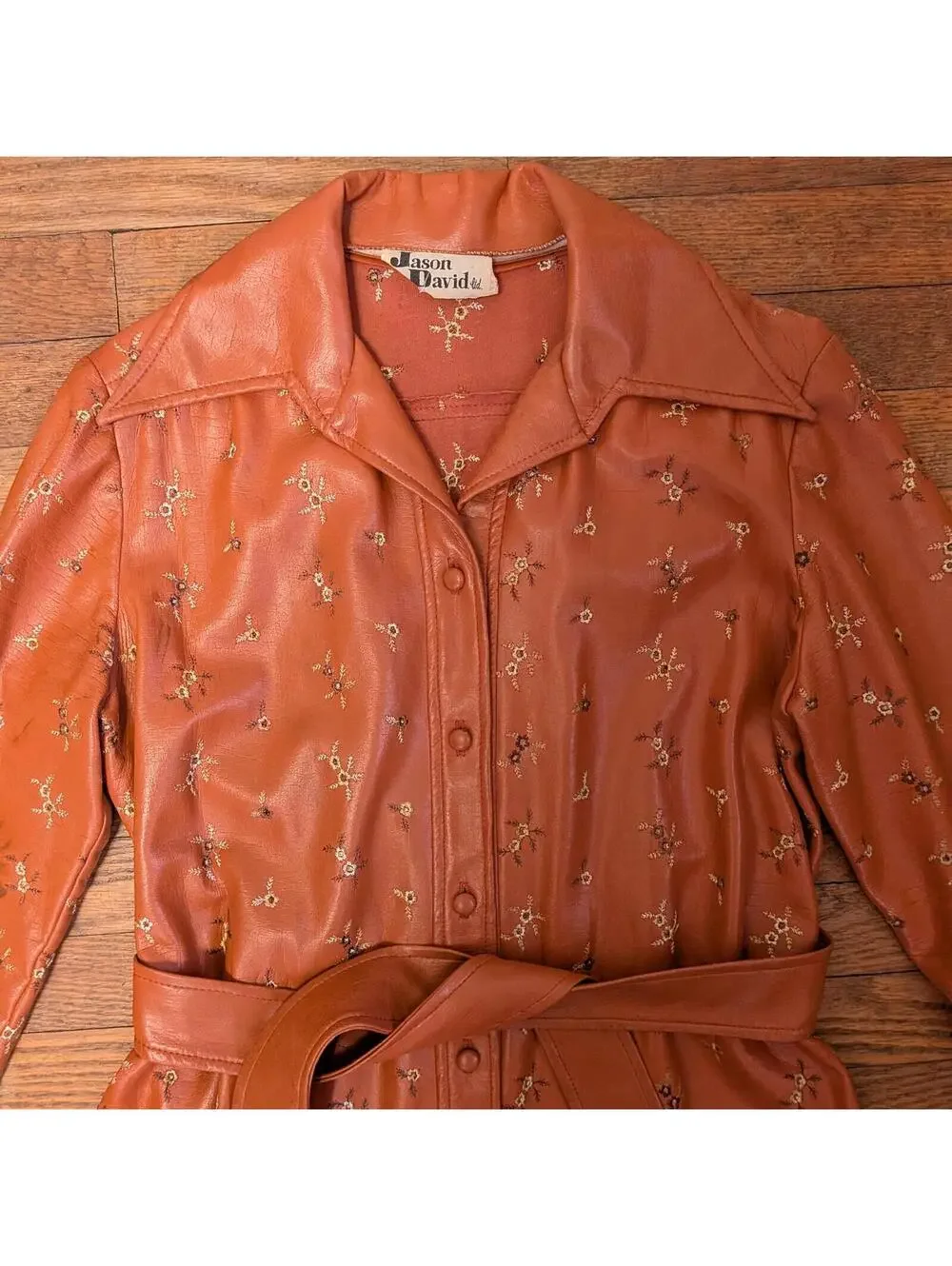 70s Jason David Terracotta Cognac Genuine Leather Embroidered Floral Belted Coat